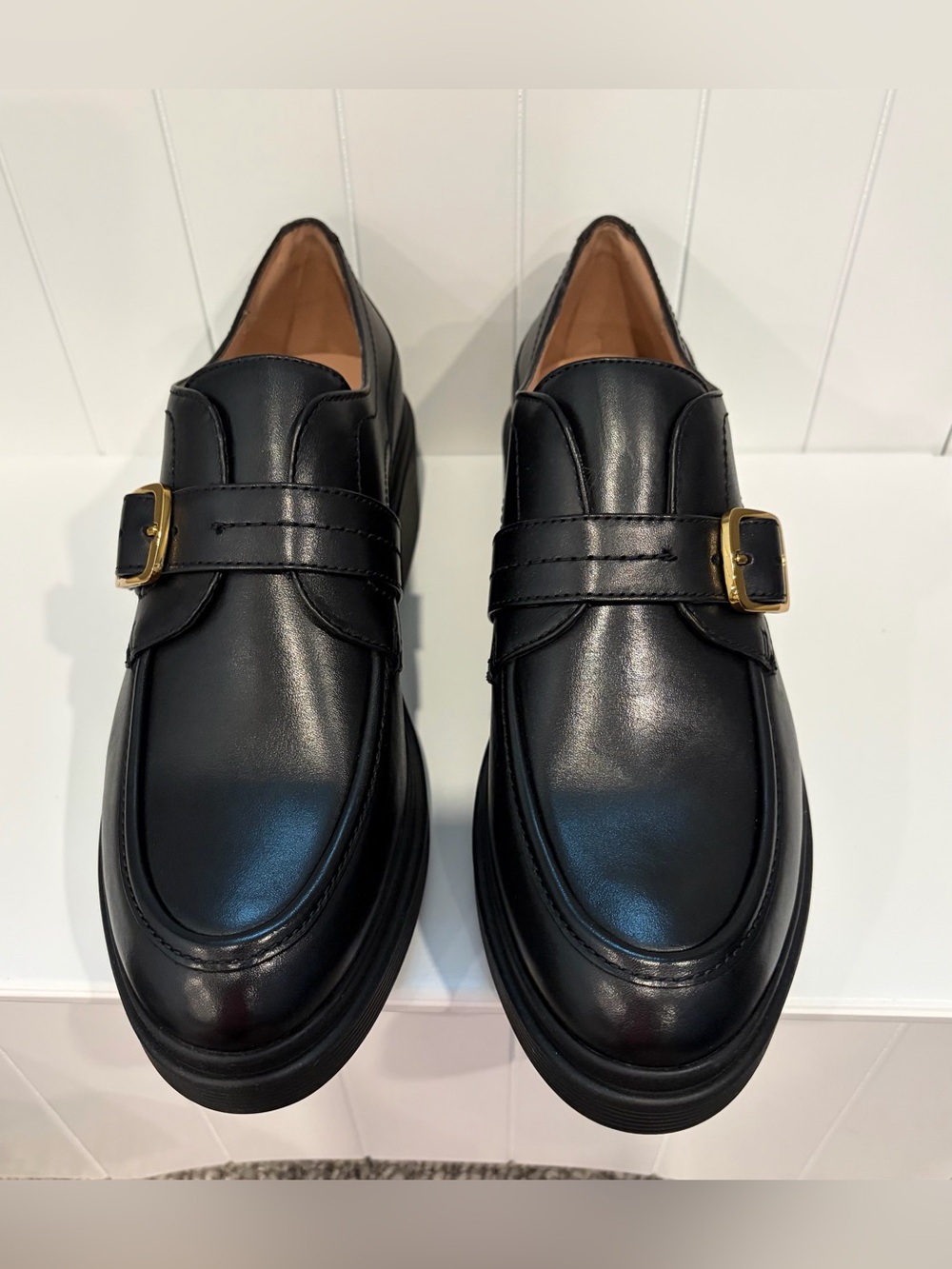 Cole Haan Women’s Carlitta Monk Lug Ox Black Leather Buckle Loafers